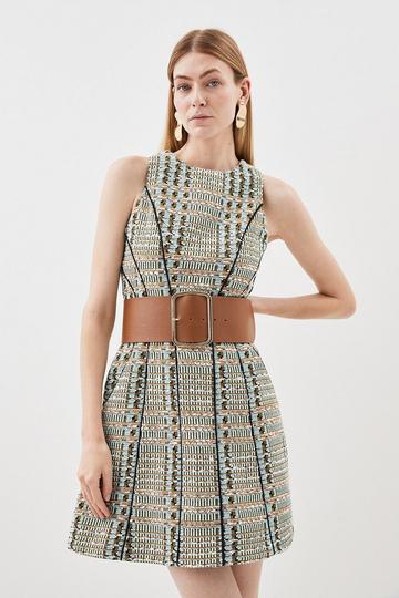French Cotton Tweed Seam Detail Full Skirted Mini Dress multi