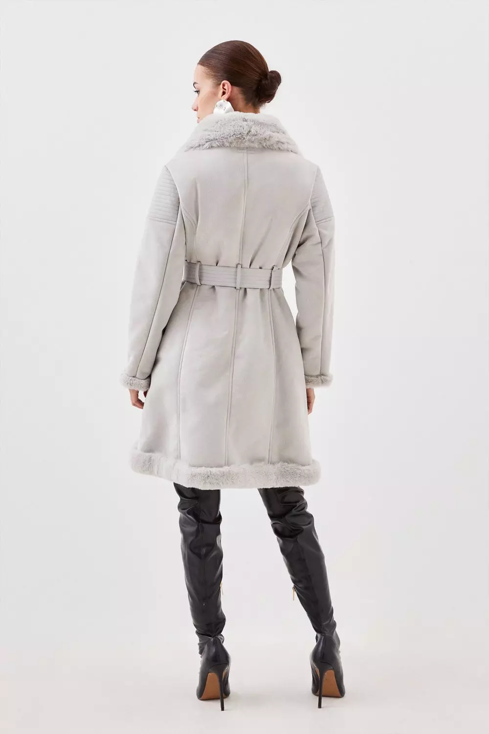 Petite Faux Shearling Biker Longline Belted Coat