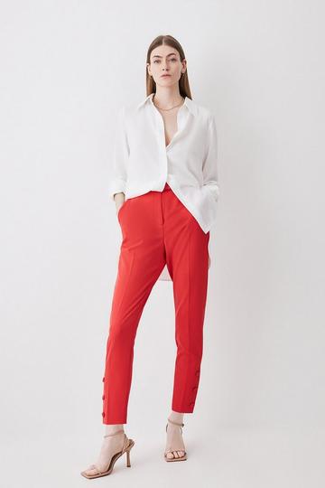 Red Tailored Slim Leg Button Hem Trousers