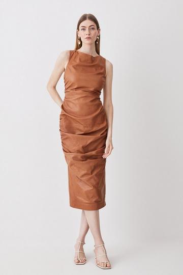 Leather Ruched Detail Midi Dress tan
