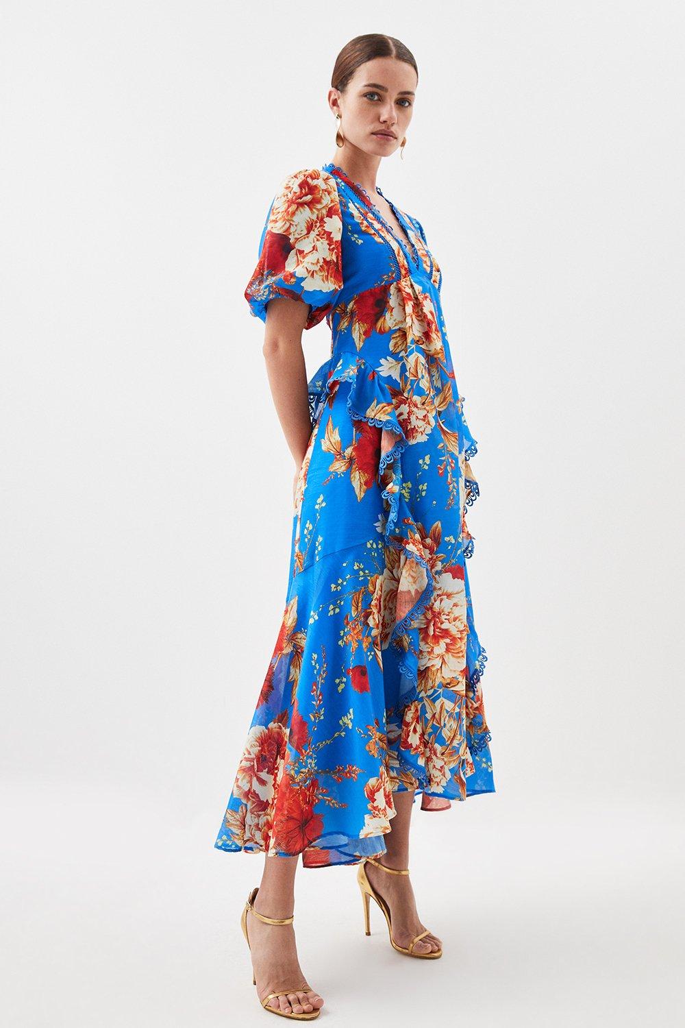 Petite Graphic Lace Trim Floral Woven Plunge Maxi Dress