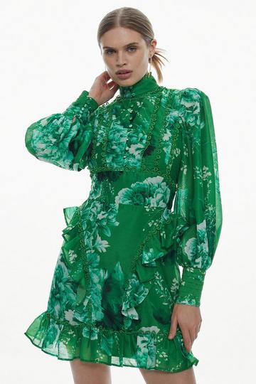 Graphic Lace Trim Floral Woven Mini Dress green