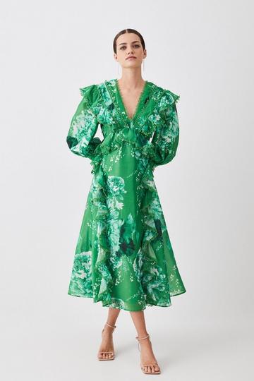 Green Petite Graphic Lace Trim Floral Woven Plunge Maxi Dress