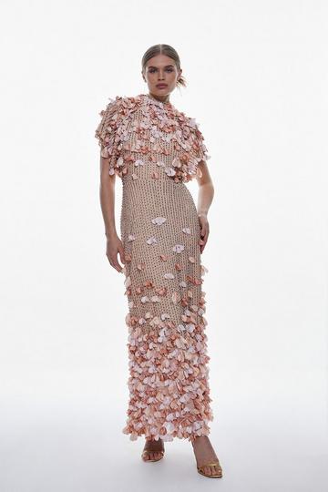 Pink Crystal Applique Angel Sleeve Woven Midaxi Dress