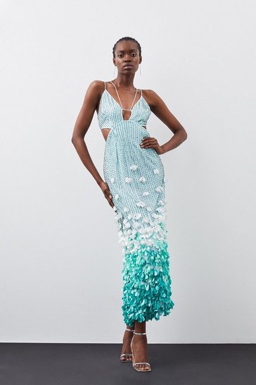 Crystal Applique Deep V Woven Maxi Dress | Karen Millen