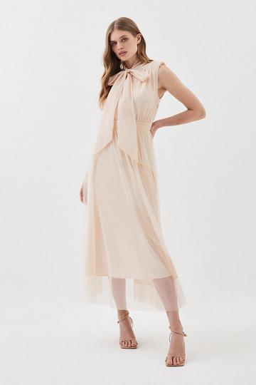 Lydia Millen Tall Mesh Sweeping Pussy Bow Woven Maxi Dress rose