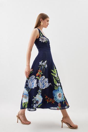 Navy Botanical Embroidery Organdie Strappy Midi Dress