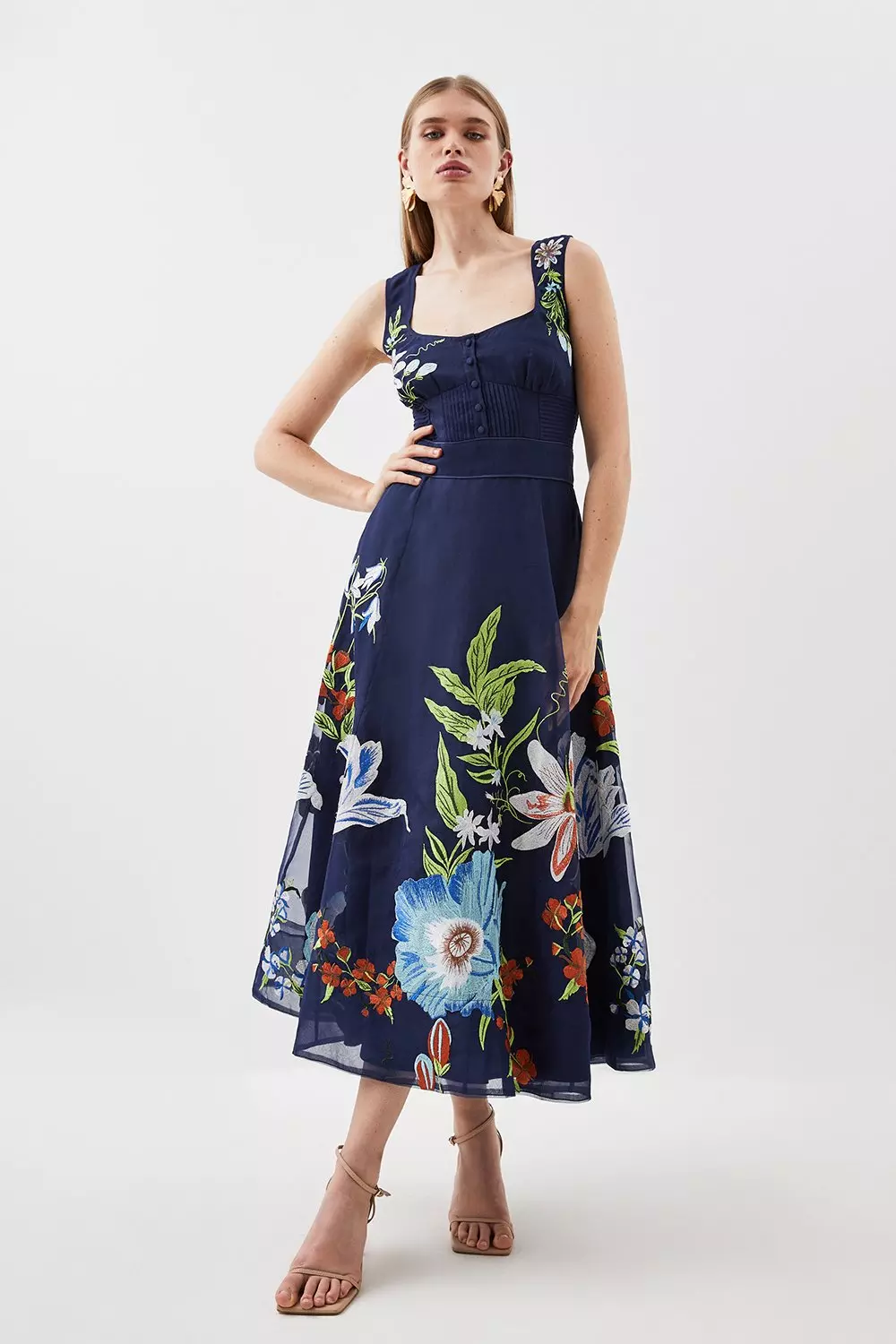 Botanical Embroidery Organdie Strappy Midi Dress