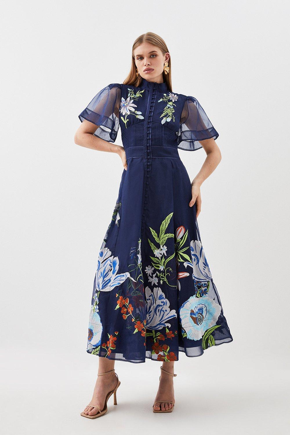 Botanical Embroidery Organdie Angel Sleeve Midi Dress