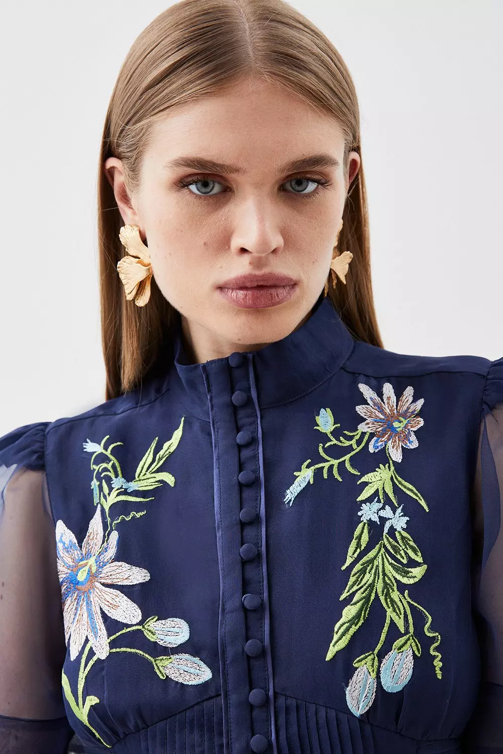 Botanical Embroidery Organdie Angel Sleeve Midi Dress | Karen Millen