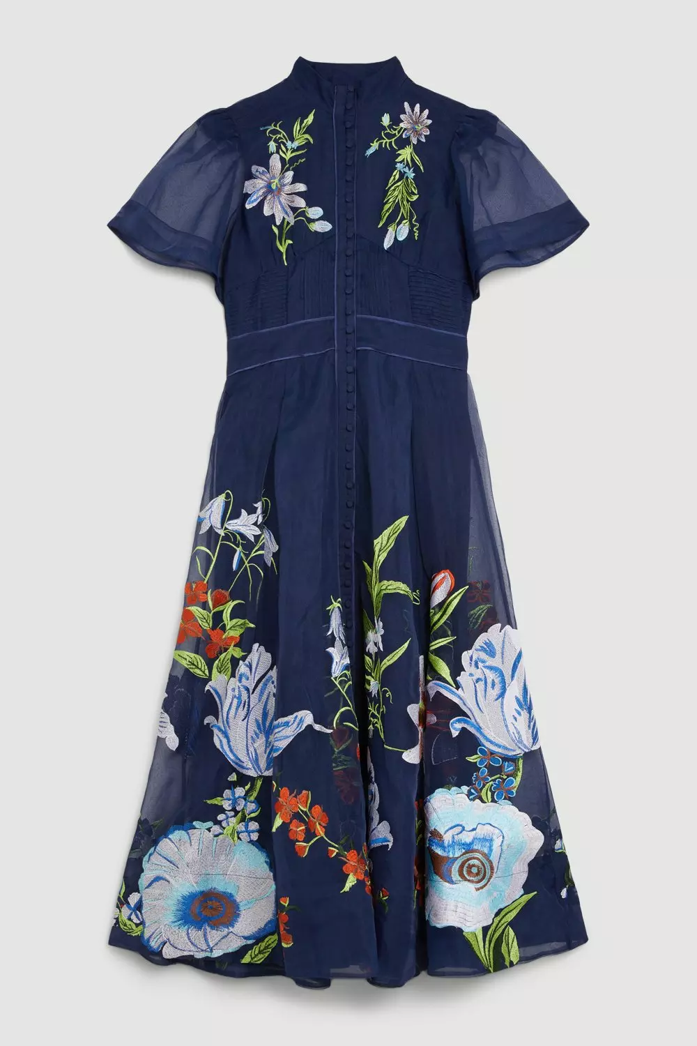 Botanical Embroidery Organdie Angel Sleeve Midi Dress