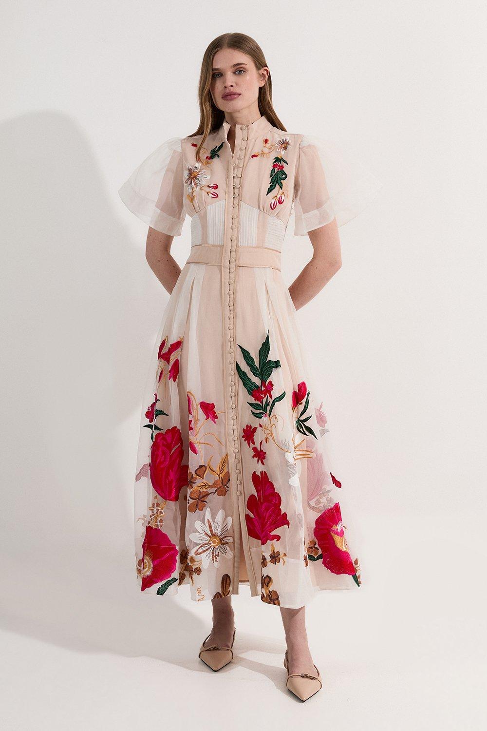 Botanical Embroidery Organdie Angel Sleeve Midi Dress - Nude