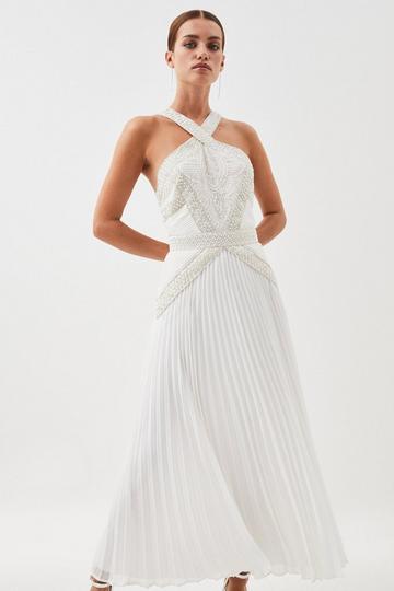 Petite Embellished Pleated Woven Midi Dress ivory