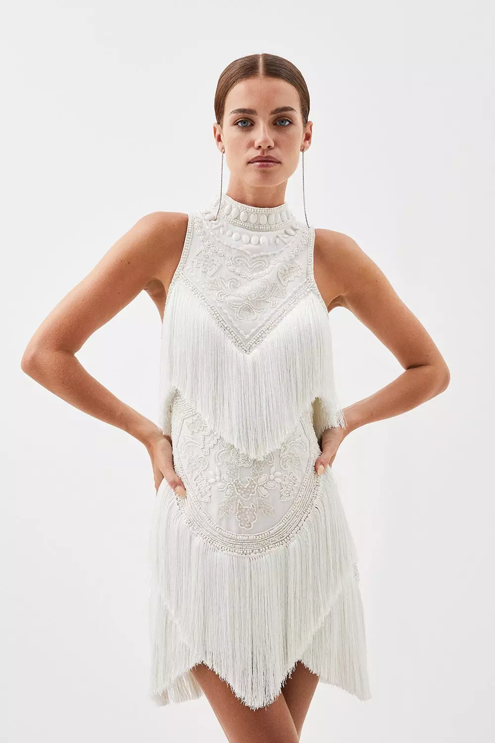 Petite Fringe And Beaded Halter Neck Mini Dress | Karen Millen