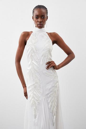Halter Neck Feather Sequin Detail Woven Maxi Dress ivory