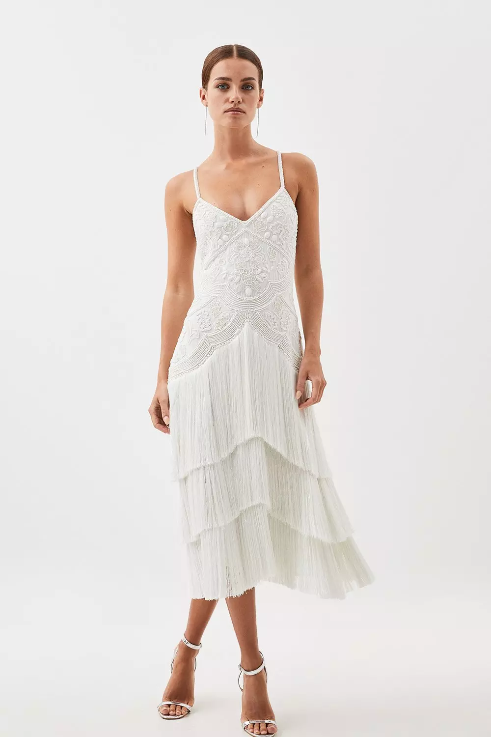 Petite Fringe And Beaded Halter Neck Midi Dress Karen Millen