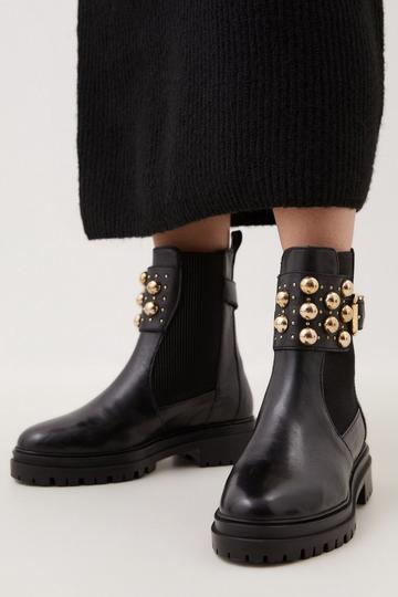 Leather Domed Stud Ankle Cuff Chelsea Boot black
