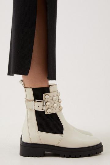 Cream White Leather Domed Stud Ankle Cuff Chelsea Boot