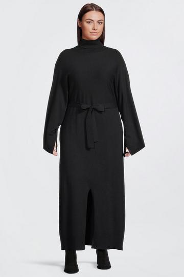 Black Plus Size Viscose Blend Belted Knitted Midi Dress