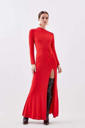Red Petite Viscose Blend Twist Knot Knitted Maxi Dress