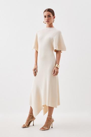 Petite Viscose Blend Angel Sleeve Rib Knitted Midaxi Dress ivory