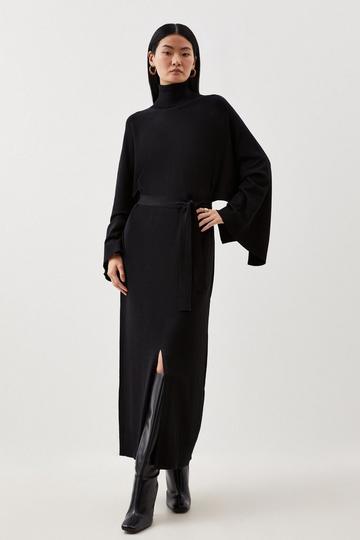 Black Viscose Blend Funnel Neck Belted Knitted Midi Dress