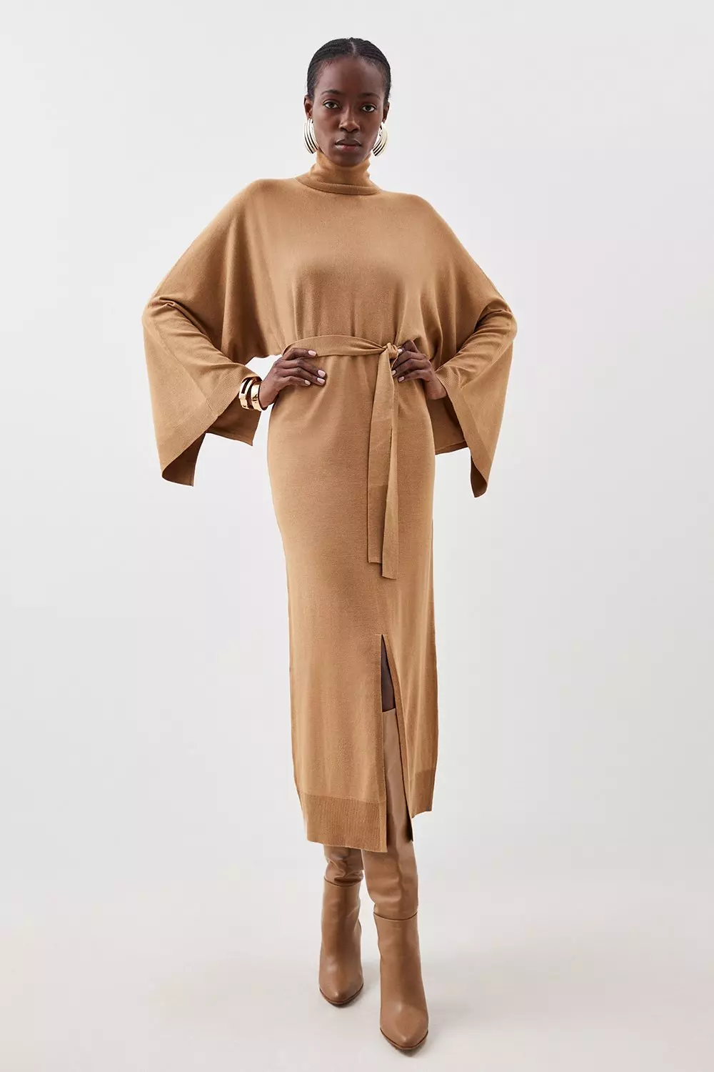 Viscose Blend Funnel Neck Belted Knitted Midi Dress