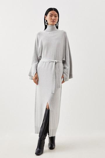 Grey Viscose Blend Funnel Neck Belted Knitted Midi Dress