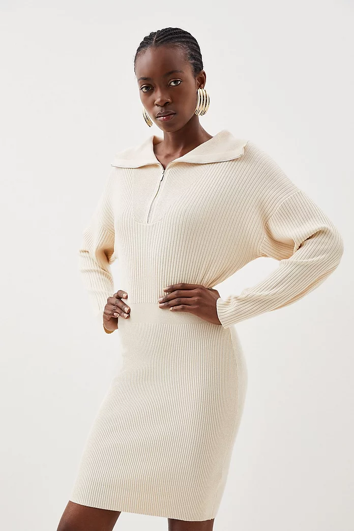 Viscose Blend Fly Collar Rib Knitted Mini Dress | Karen Millen