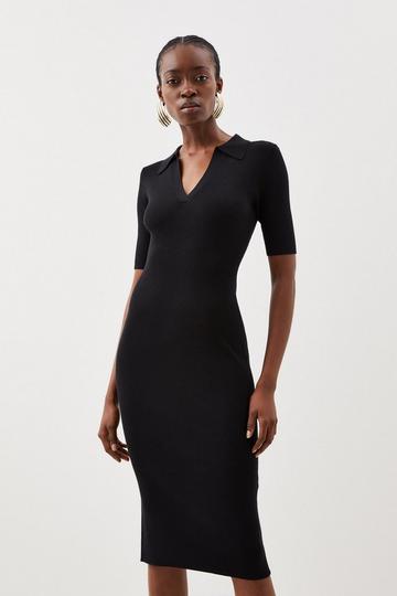 Black Viscose Blend Collared Rib Knitted Midi Dress