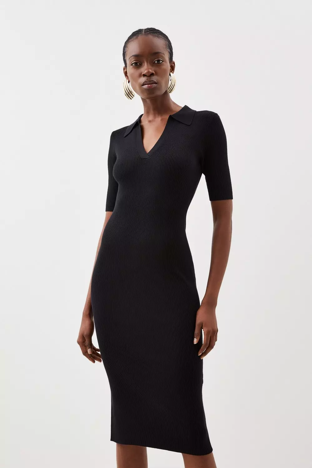 Viscose Blend Collared Rib Knitted Midi Dress Karen Millen