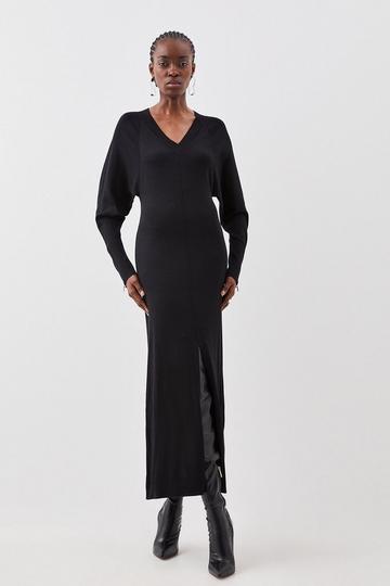 Black Viscose Blend Batwing Knitted Column Maxi Dress