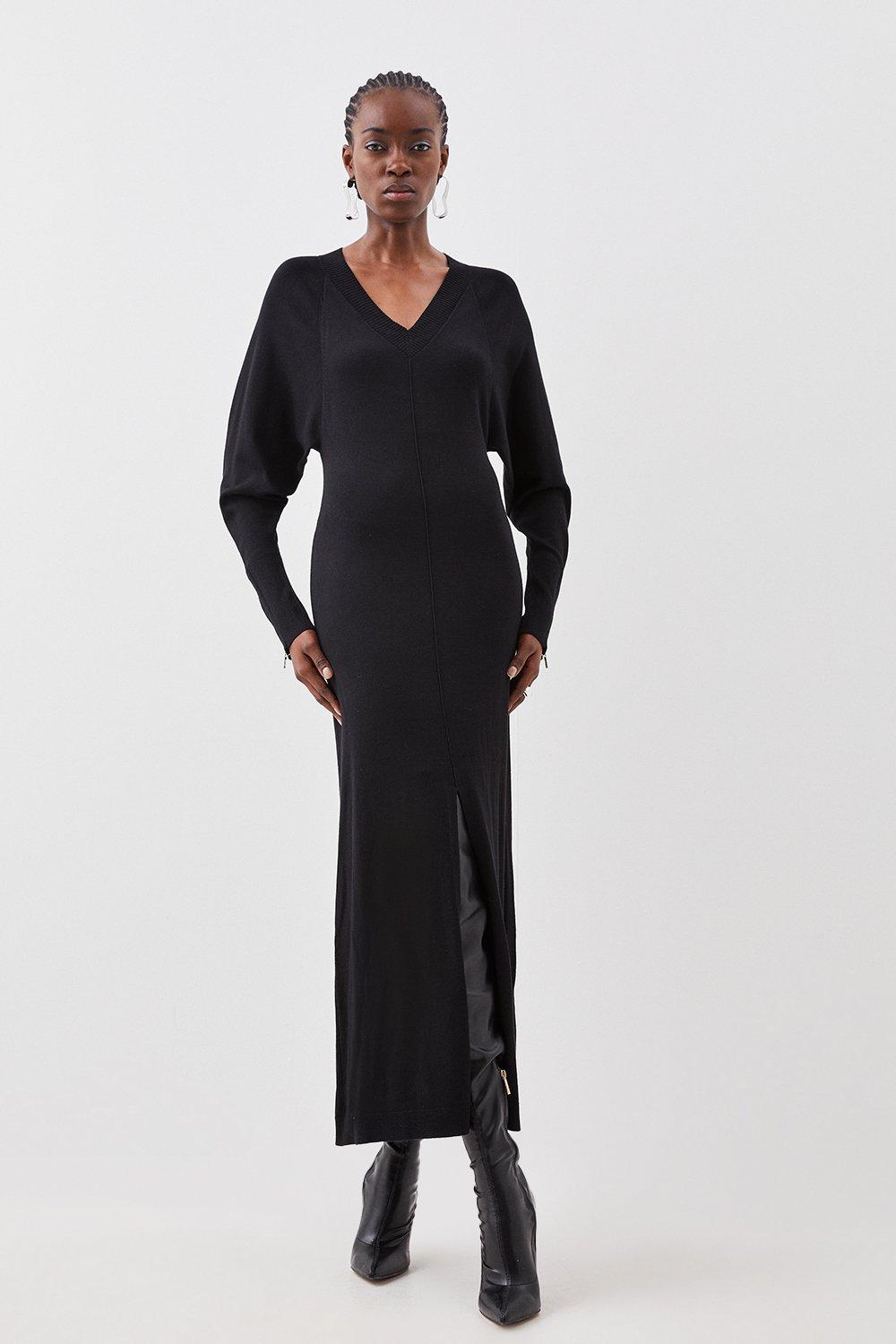 Viscose Blend Batwing Knitted Column Maxi Dress | Karen Millen