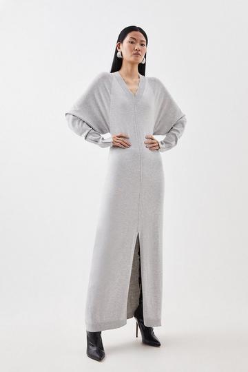 Grey Viscose Blend Batwing Knitted Column Maxi Dress