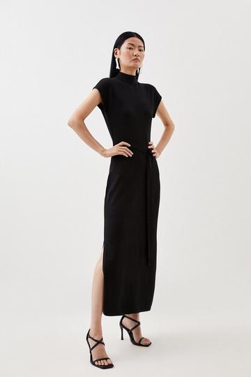 Black Viscose Blend Belted Knitted Midaxi Dress
