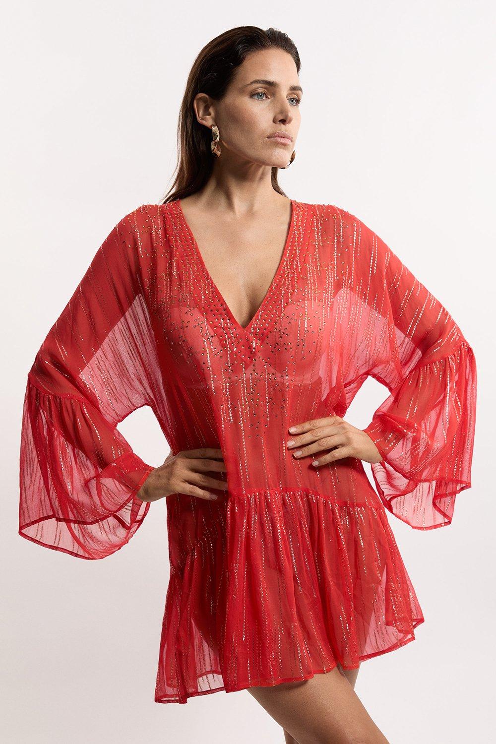 Beach Metallic Embellished Woven Kimono Mini Dress - Red