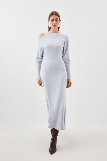 Blue Viscose Blend Asymmetric Knitted Midiaxi Dress