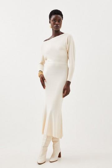 Viscose Blend Asymmetric Knitted Midiaxi Dress ivory