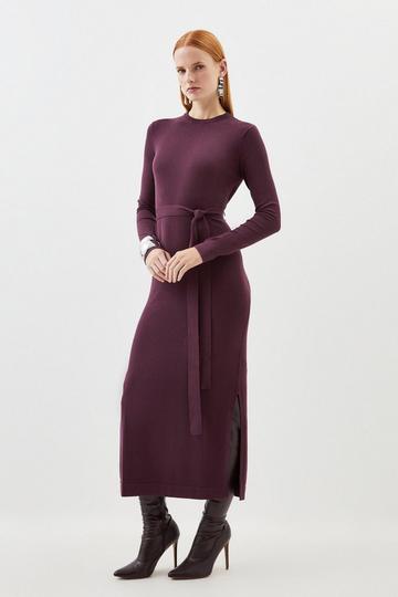 Burgundy Red Viscose Blend Belted Knitted Midi Dress