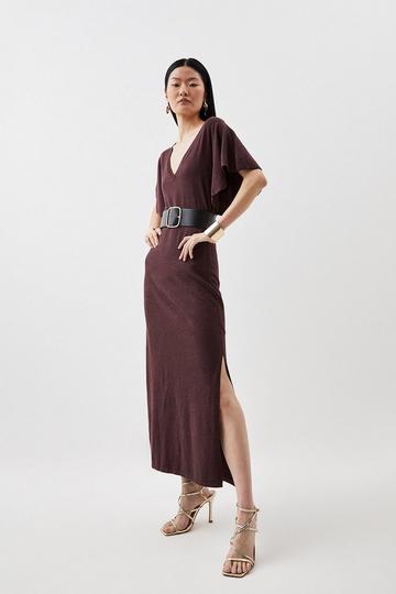 Viscose Blend Angel Sleeve Belted Knit Maxi Dress chocolate