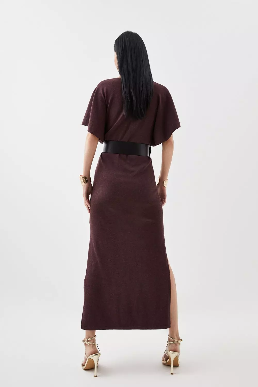 Viscose Blend Angel Sleeve Belted Knit Maxi Dress | Karen Millen