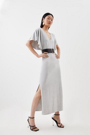 Grey Viscose Blend Angel Sleeve Belted Knit Maxi Dress