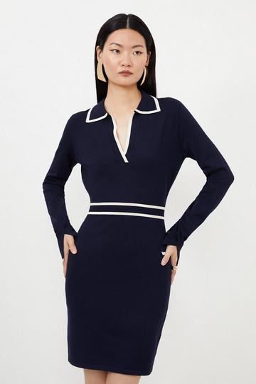 Viscose Blend Collared Knitted Mini Dress navy