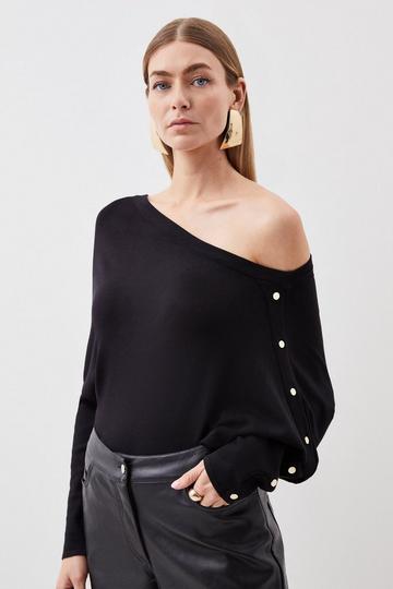 Black Viscose Blend Off Shoulder Knit Sweater