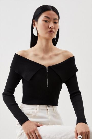 Black Viscose Blend Front Zip Off The Shoulder Longline Sweater
