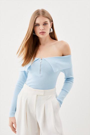 Blue Viscose Blend Front Zip Off The Shoulder Longline Sweater