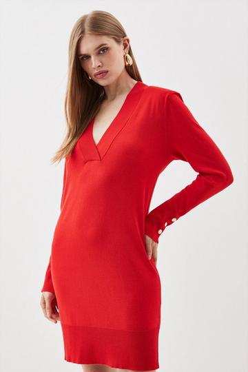 Red Viscose Blend V Neck Mini Dress
