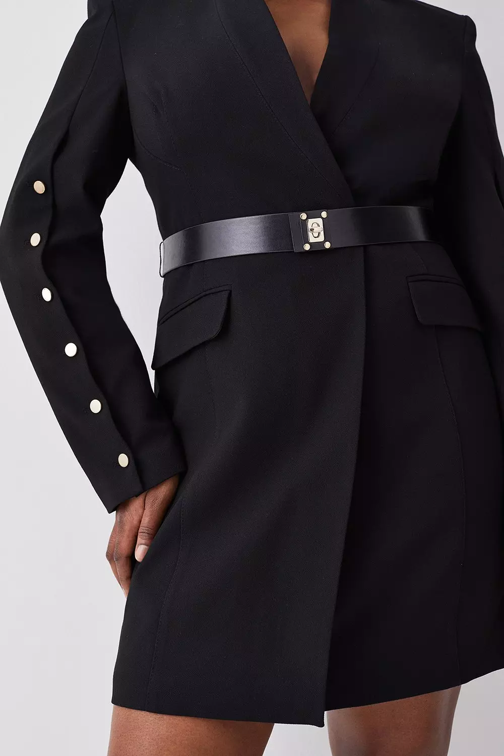 Black 3/4 Sleeve Belted Midi Blazer Dress