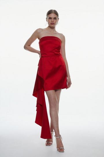 Italian Structured Satin Ruffle Drape Bandeau Mini Dress red