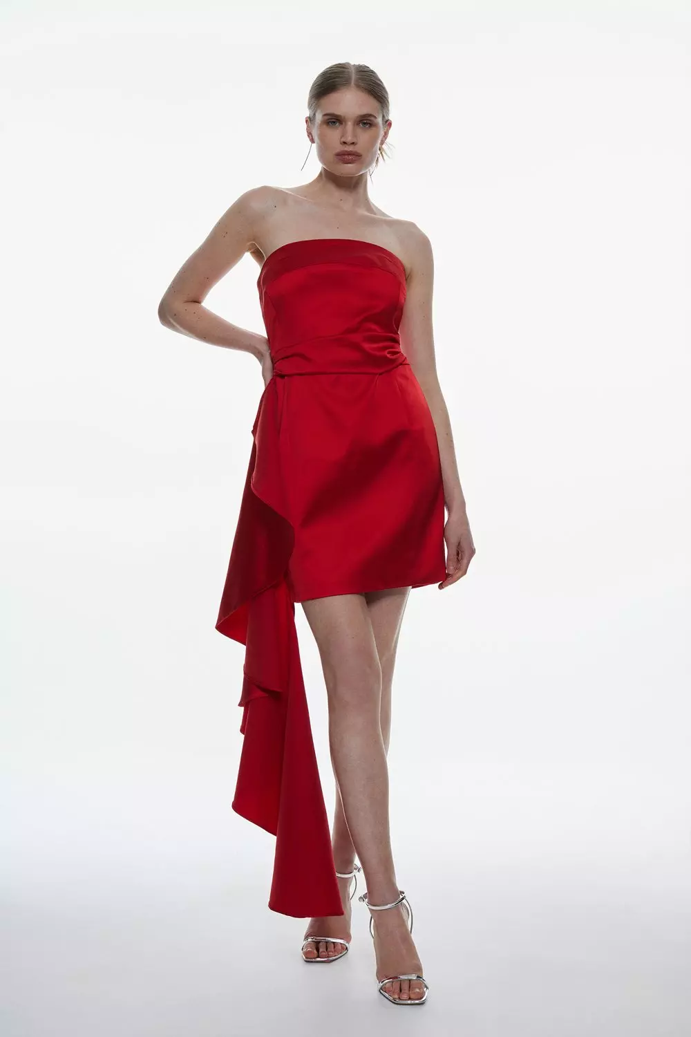 Red ruffles will turn heads in a bandeau jumpsuit.